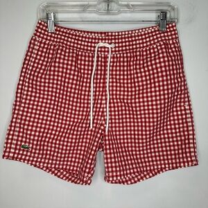 Lacoste Men’s Red Gingham Drawstring Swimwear Swim Trunks 5” Inseam Size S